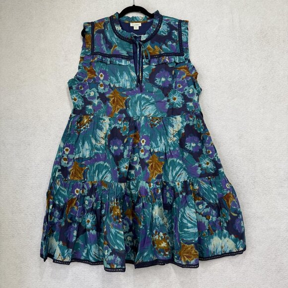 Sundance Dress Womens Large Blue Green Floral Boho Tiered Sleeveless Lined Trim - Picture 1 of 8